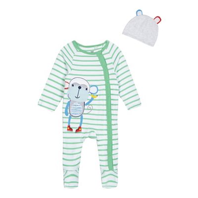 bluezoo Baby boys' white and green monkey applique sleepsuit and hat set